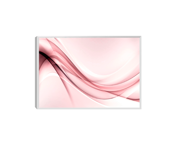 Imagem de um quadro decorativo abstrato com uma onda rosa vibrante sobre um fundo branco.