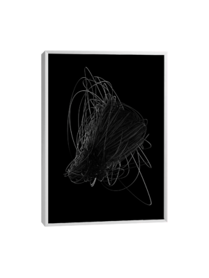 Quadro hipnotizante: obra de arte abstrata em fundo negro, destacando-se com sua dança de fios metálicos.