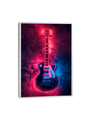 Guitarra elétrica preta iluminada por luz neon rosa em fundo escuro.