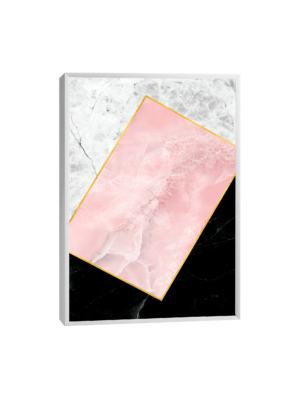 Elegante quadro geométrico com superfície de mármore em preto, branco e rosa, destacando-se por sua dinâmica e harmonia visual.