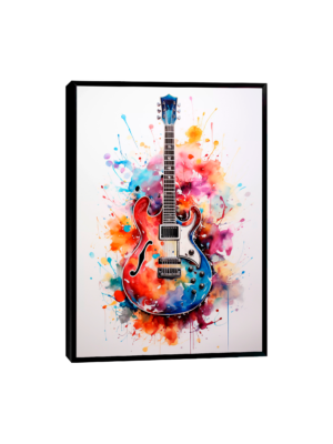 Aquarela de guitarra vibrante cercada por respingos coloridos de tinta.