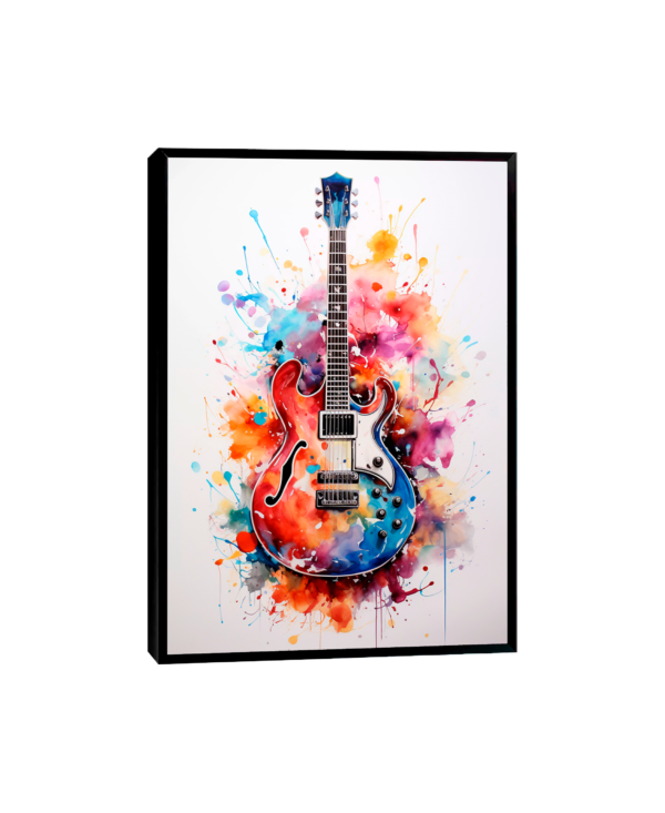 Aquarela de guitarra vibrante cercada por respingos coloridos de tinta.