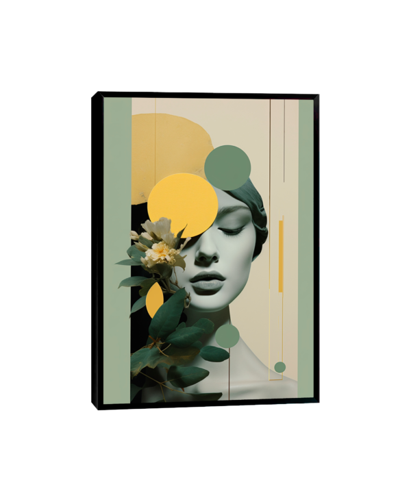 uadro Art Pop de mulher com lenço na cabeça, busto desnudo e flores verdes, ideal para uma decoração moderna