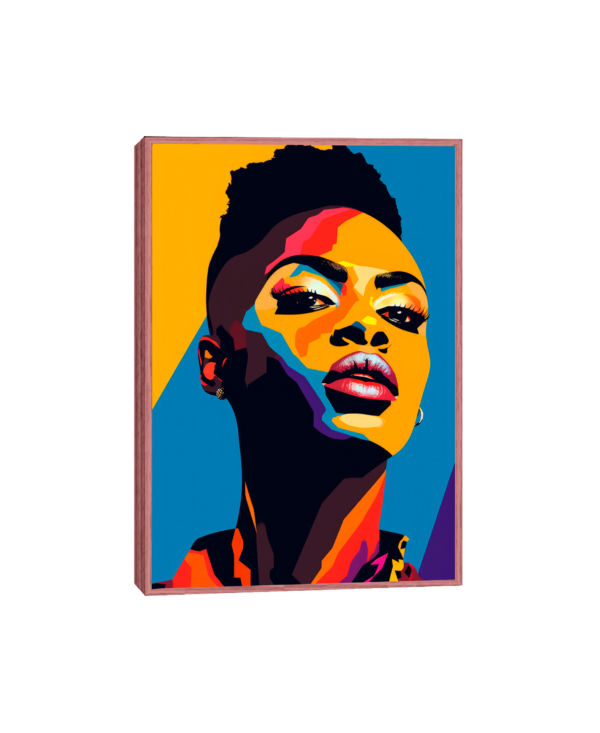 Quadro Afro Art Pop - Mulher afro em art pop com cabelo raspado nas laterais e cores vibrantes como laranja, azul, preto, vermelho e roxo.