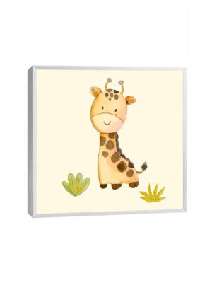 Girafinha super engraçadinha em quadro decorativo para quarto de criança, com fundo verde claro e montinhos de mato.