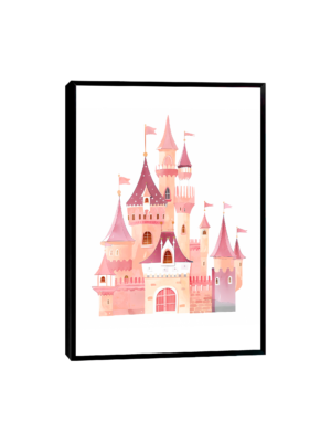 Quadro Castelo Encantado - Decoração Conto de Fadas: Uma visão deslumbrante de um castelo rosa com bandeiras tremulantes, evocando um mundo de contos de fadas e encantamento.