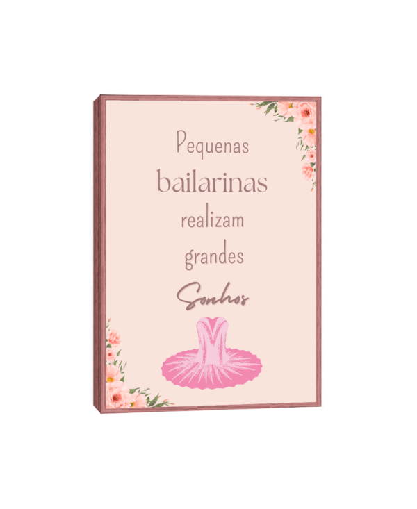 Quadro de bailarinas com vestido rosa e rosas, perfeito para decoração infantil que inspira sonhos.