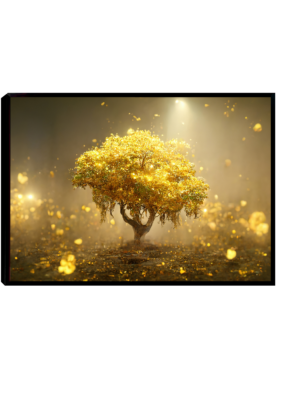 Imagem de um quadro decorativo floral com uma árvore dourada iluminada por uma luz intensa, destacando suas folhas brilhantes e partículas douradas flutuantes.