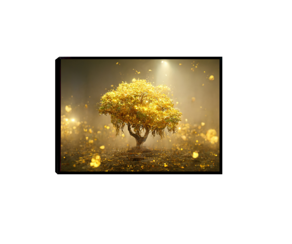 Imagem de um quadro decorativo floral com uma árvore dourada iluminada por uma luz intensa, destacando suas folhas brilhantes e partículas douradas flutuantes.