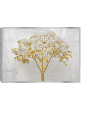 Quadro decorativo com uma árvore dourada contra fundo texturizado claro; folhas delicadas e flores brancas criam um contraste elegante e luxuoso.