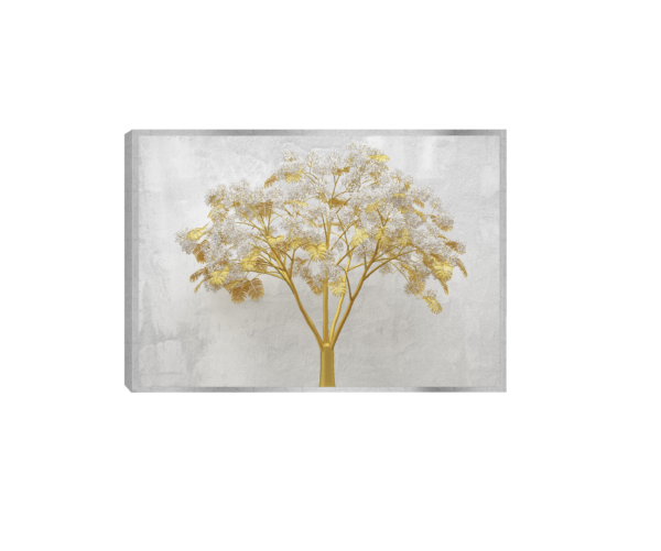 Quadro decorativo com uma árvore dourada contra fundo texturizado claro; folhas delicadas e flores brancas criam um contraste elegante e luxuoso.