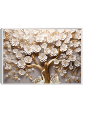 Quadro decorativo floral com árvore dourada e flores brancas volumosas, folhas douradas e detalhes encantadores como borboletas e cisnes, transmitindo elegância e sofisticação.