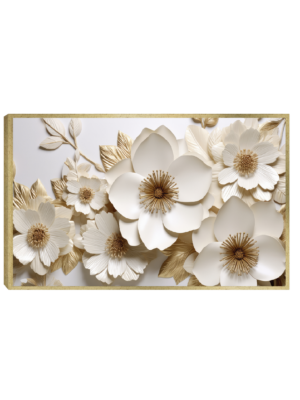 Quadro Decorativo Floral – Composição de Flores de Papel Brancas com Detalhes Dourados