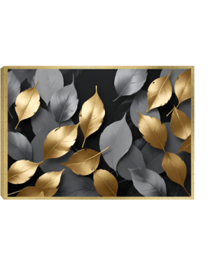 Quadro Decorativo Floral com Folhas Metalizadas em Dourado e Cinza sobre Fundo Preto