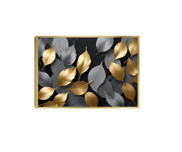 Quadro Decorativo Floral com Folhas Metalizadas em Dourado e Cinza sobre Fundo Preto