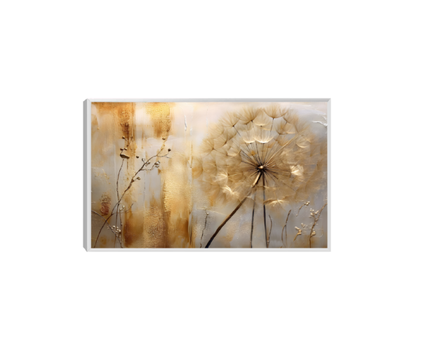 Quadro Decorativo Floral Abstrato dente-de-leão em tons de branco e dourado, com pinceladas texturizadas, representando a flor em plena floração.