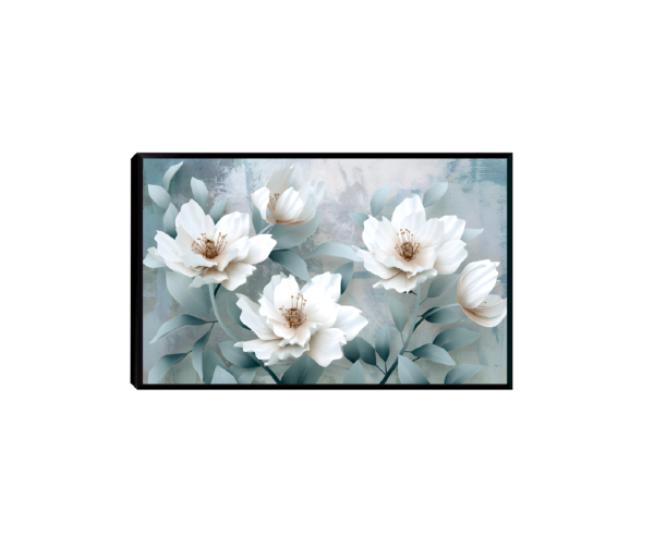 Quadro Decorativo Floral – Flores Brancas em fundo cinzento suave com pétalas delicadas e centros amarelados.