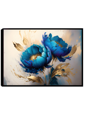 Quadro decorativo floral em estilo impressionista, com flores em azul vibrante e estames dourados sobre fundo branco com pinceladas em bege e dourado.