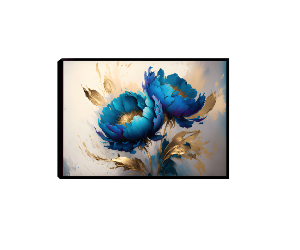 Quadro decorativo floral em estilo impressionista, com flores em azul vibrante e estames dourados sobre fundo branco com pinceladas em bege e dourado.