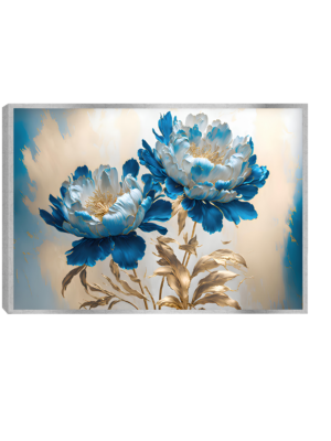 Quadro decorativo floral com peônias azuis e estames dourados, fundo branco com pinceladas em bege e dourado.