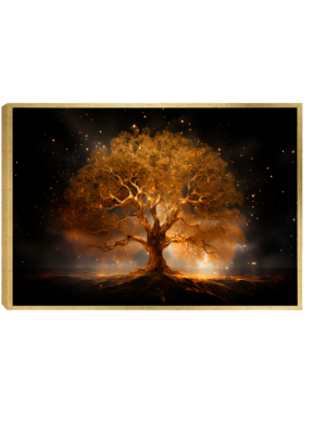 Quadro Decorativo Floral – Arte Celestial: Árvore Dourada com Luz Mística em Fundo Nebuloso