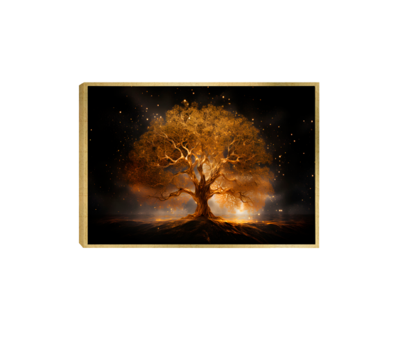 Quadro Decorativo Floral – Arte Celestial: Árvore Dourada com Luz Mística em Fundo Nebuloso