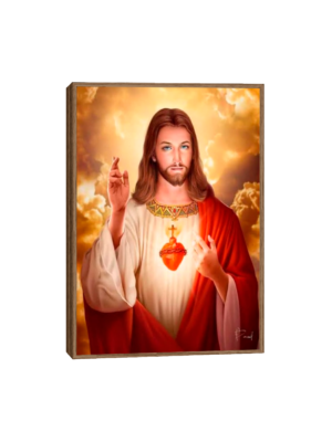 Imagem do Quadro Sagrado Coração de Jesus, simbolizando amor divino e devoção religiosa, com detalhes como o coração flamejante e a coroa de espinhos, representando sacrifício e misericórdia.