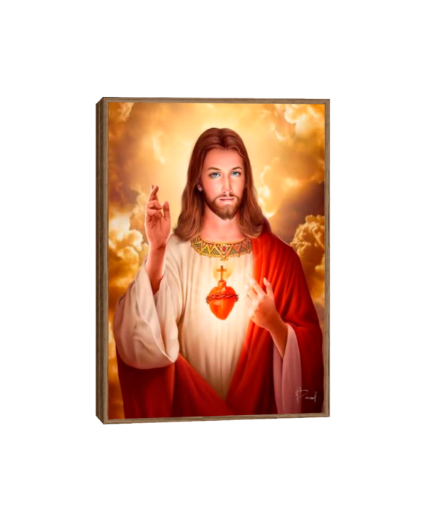 Imagem do Quadro Sagrado Coração de Jesus, simbolizando amor divino e devoção religiosa, com detalhes como o coração flamejante e a coroa de espinhos, representando sacrifício e misericórdia.