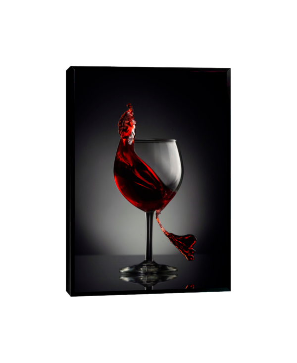 Quadro que retrata uma taça de vinho tinto com um líquido vermelho intenso formando uma espiral exuberante, evocando movimento e elegância.